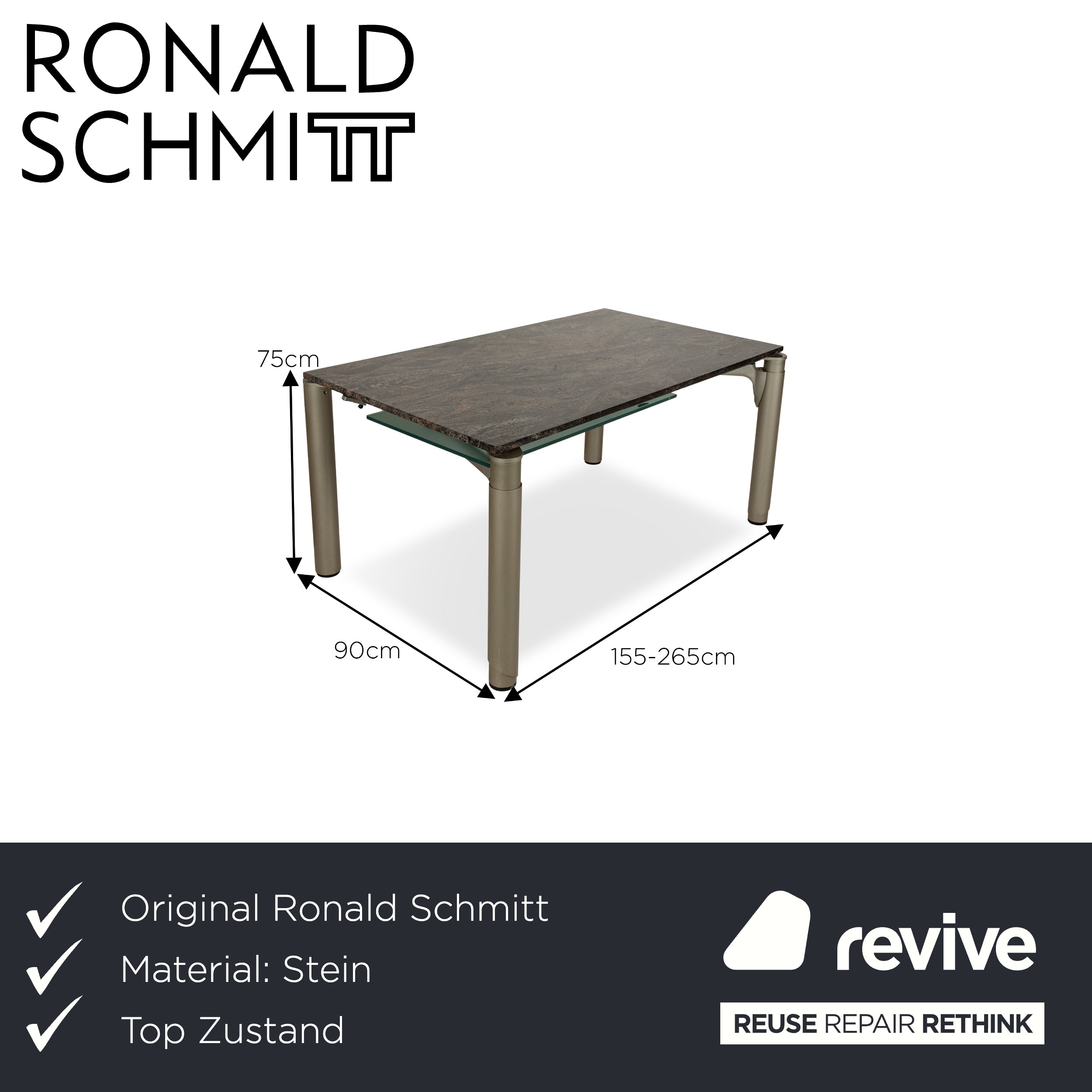 Ronald Schmitt 801E Stein Esstisch Grau Ausziehfunktion 155-265 x 90 x 75 cm