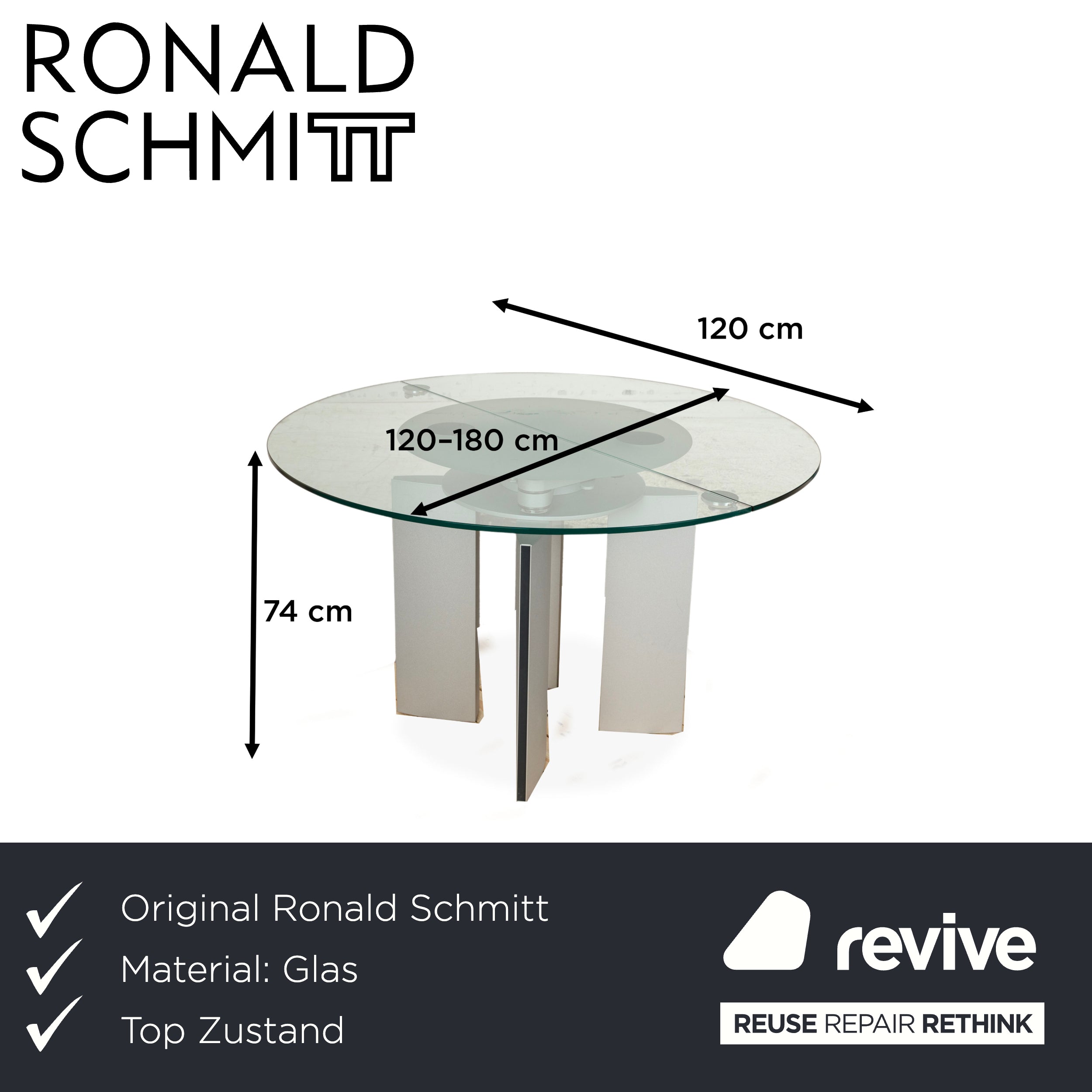 Ronald Schmitt K / G 750 / E Glas Esstisch Silber Ausziehfuntion 120-180 x 120 cm