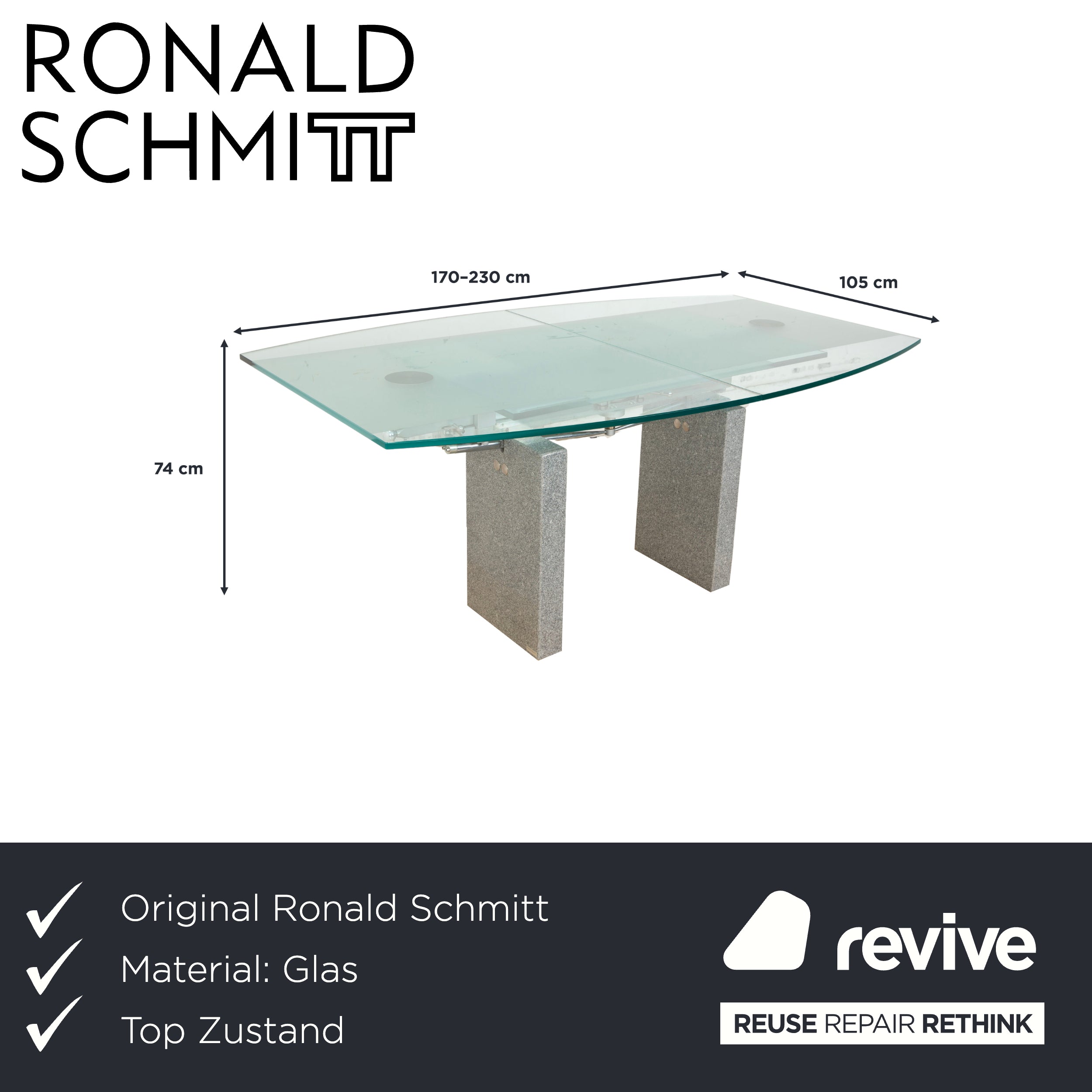 Ronald Schmitt K5000/E Glass Dining Table Silver Granite Manual Function Extendable Function