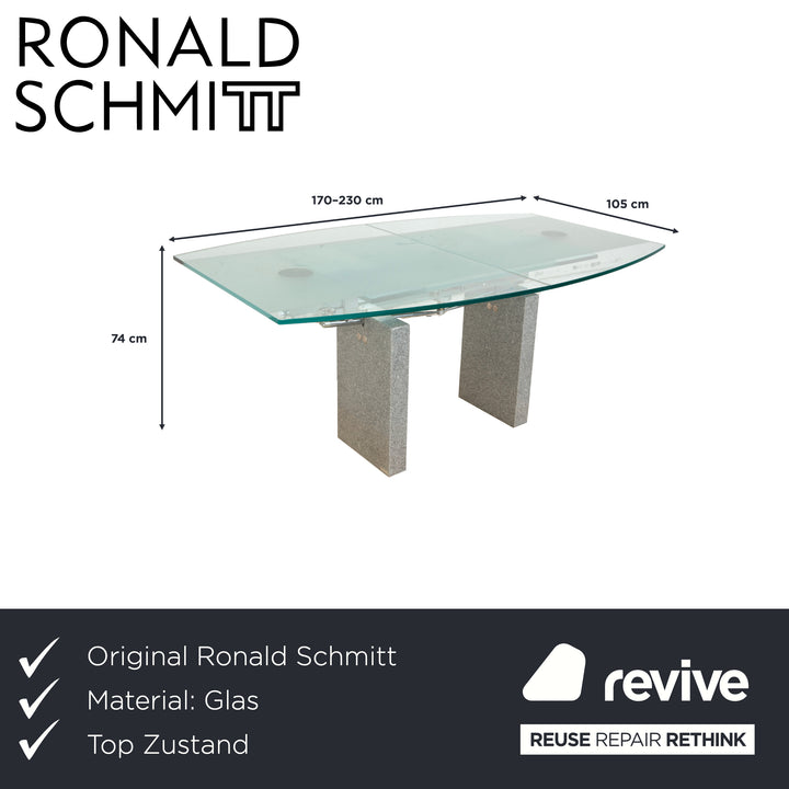 Table de salle à manger en verre Ronald Schmitt K5000/E, finition granit argenté, réglage manuel, extensible