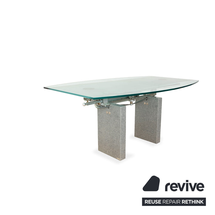 Table de salle à manger en verre Ronald Schmitt K5000/E, finition granit argenté, réglage manuel, extensible