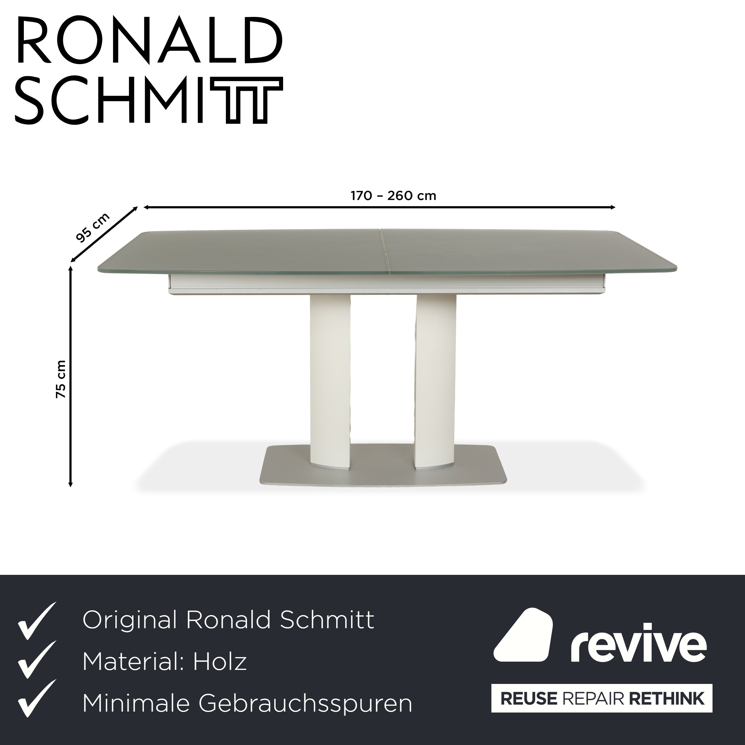 Ronald Schmitt P2623 Holz Glas Esstisch Grau Ausziehfunktion 170-260 x 95 x 75 cm