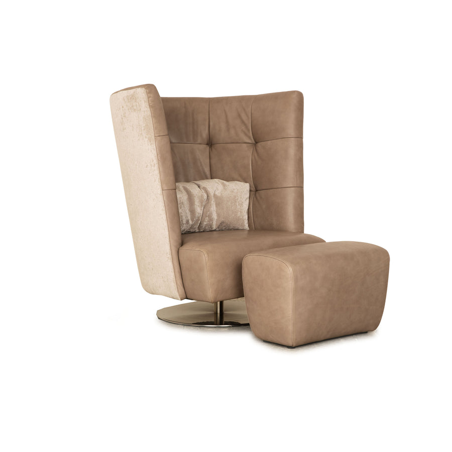 Signet Matheo leather armchair brown taupe including stool