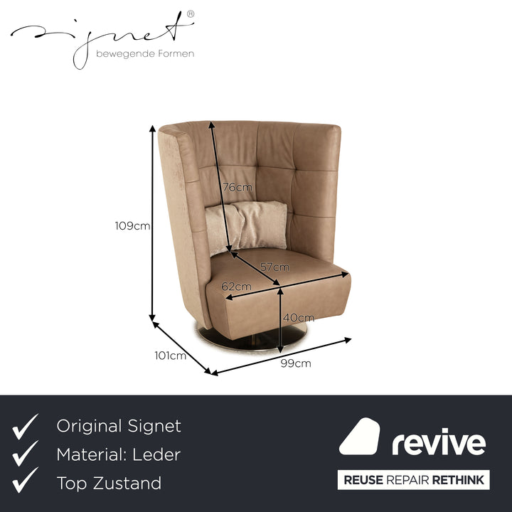 Signet Matheo leather armchair aniline brown taupe including stool