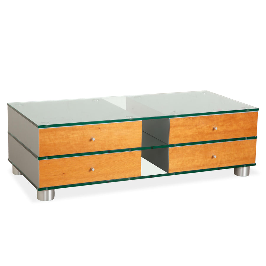 Buffet Spectral en verre, bois et métal, buffet bas marron et gris, meuble TV