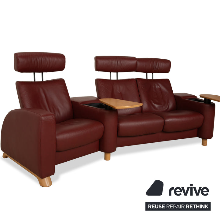 Stressless Arion Leather Three-Seater Red Dark Red Sofa Couch Manual Function