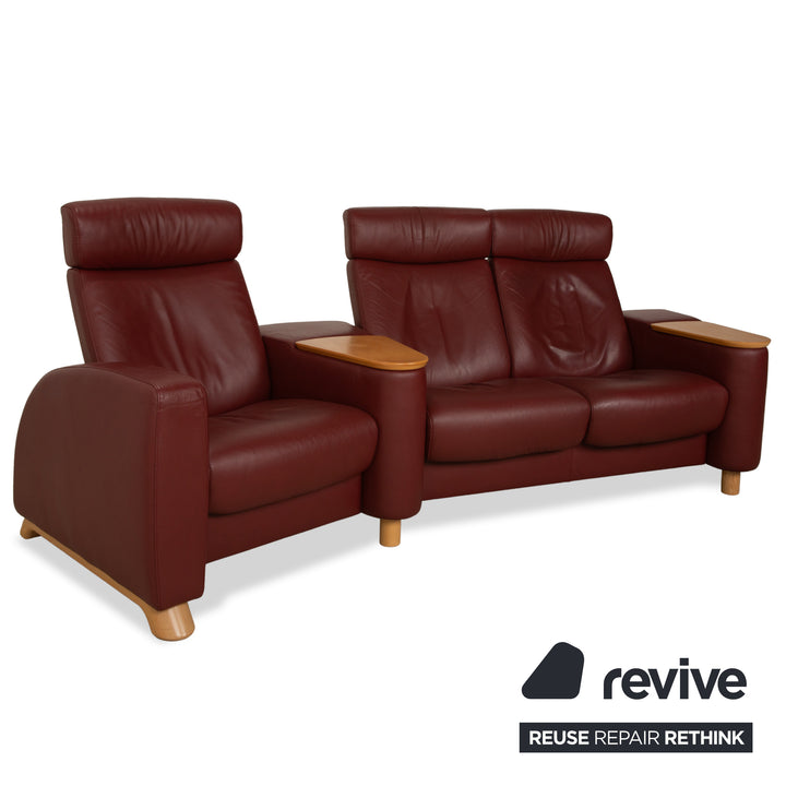 Stressless Arion Leather Three-Seater Red Dark Red Sofa Couch Manual Function