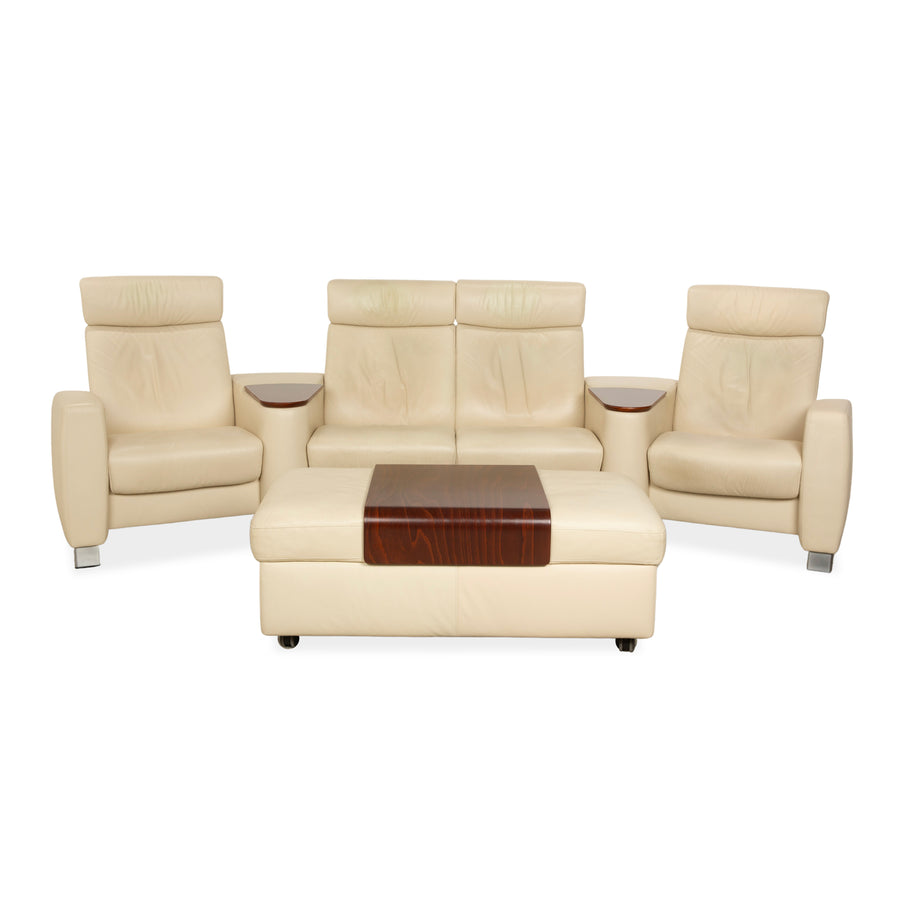 Stressless Arion Leder Garnitur Viersitzer + Hocker Ottoman Creme manuelle Funktion Staufach RollenSofa Couch