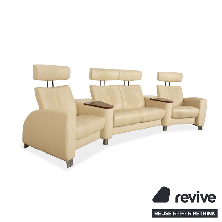 Stressless Arion Leather Four-seater Sofa + Ottoman Cream Manual Function Storage Compartment Rolling Sofa Couch