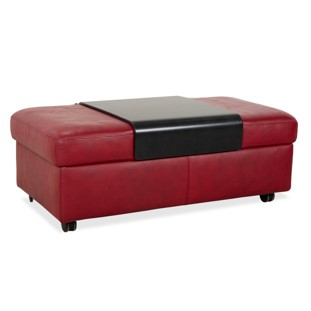 Pouf double en cuir Arion Stressless rouge, compartiment de rangement à commande manuelle