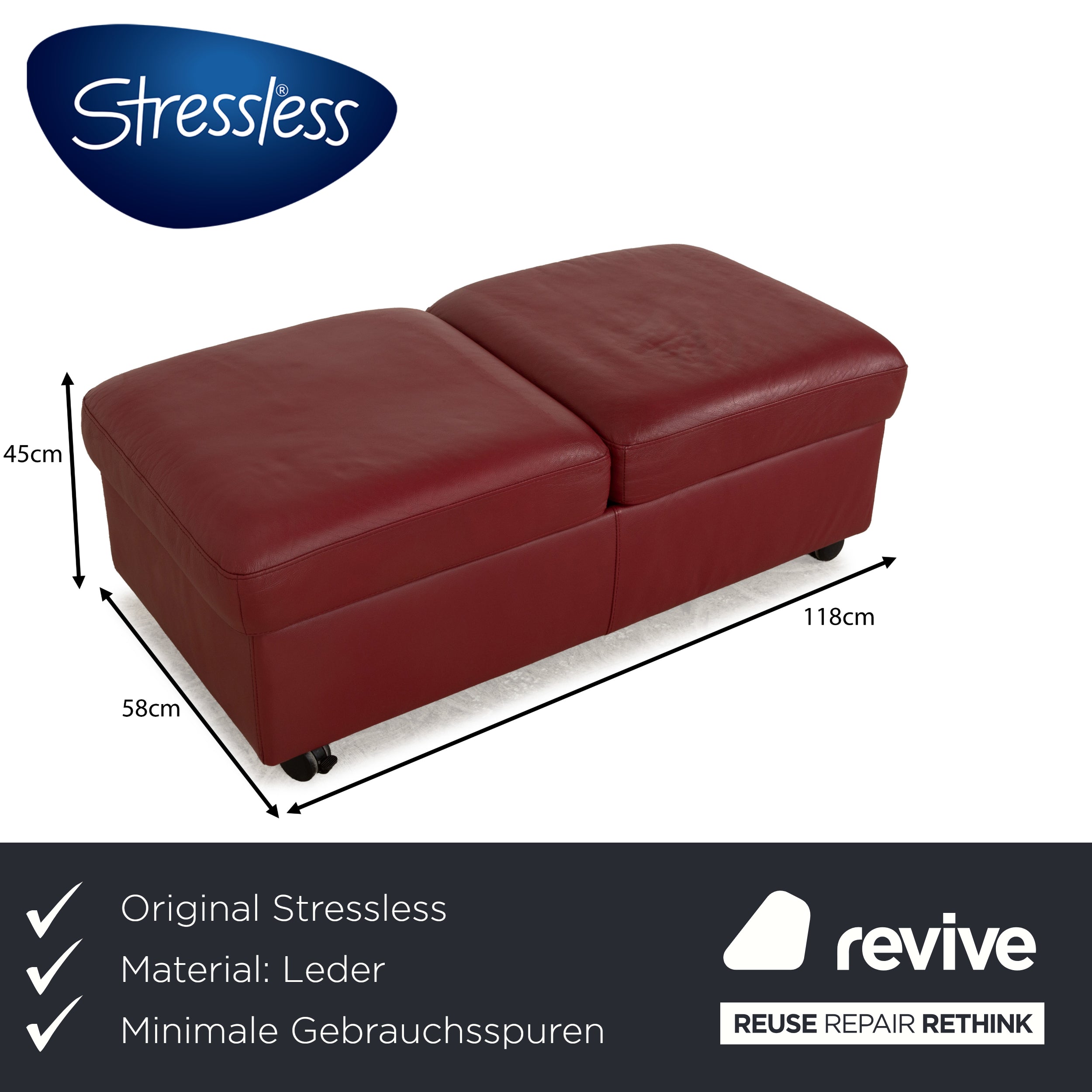 Tabouret Stressless Arion en cuir rouge avec roulettes et compartiment de rangement, fonction manuelle