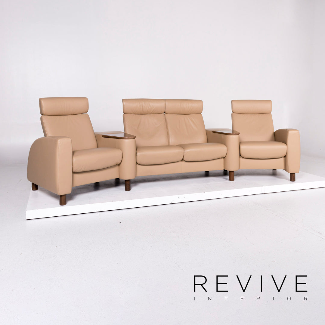 Stressless Arion Leather Sofa Beige Four-Seater Home Cinema Function Reclining Function Couch