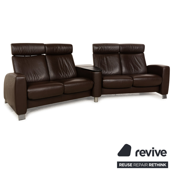 Stressless Arion Leather Sofa Set Dark Brown Manual Function Four Seater Couch Stool