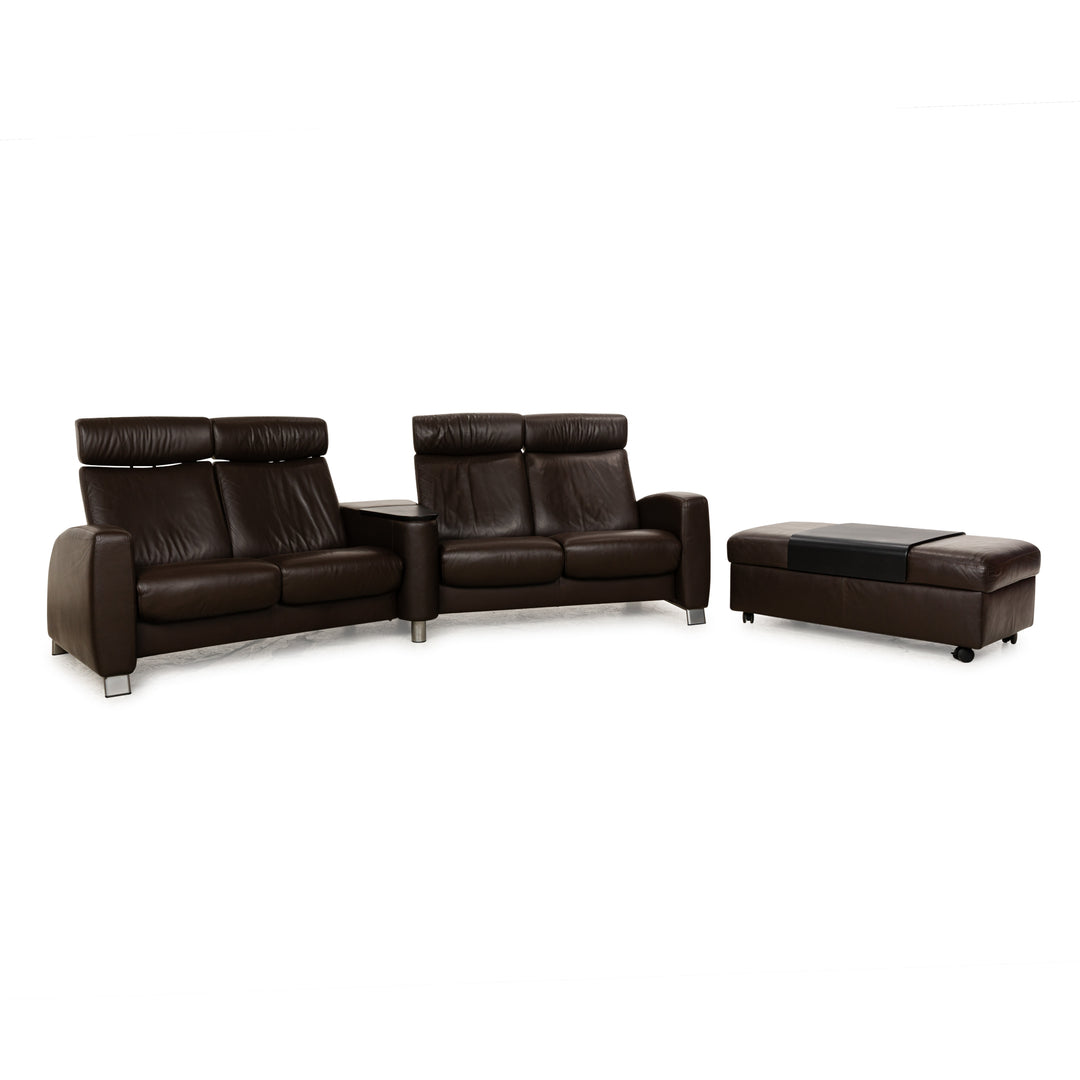 Stressless Arion Leather Sofa Set Dark Brown Manual Function Four Seater Couch Stool