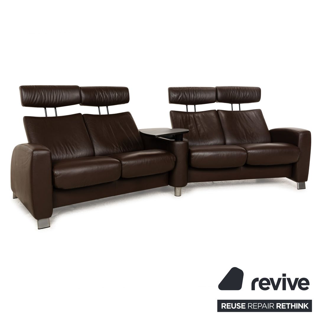 Stressless Arion Leather Sofa Set Dark Brown Manual Function Four Seater Couch Stool