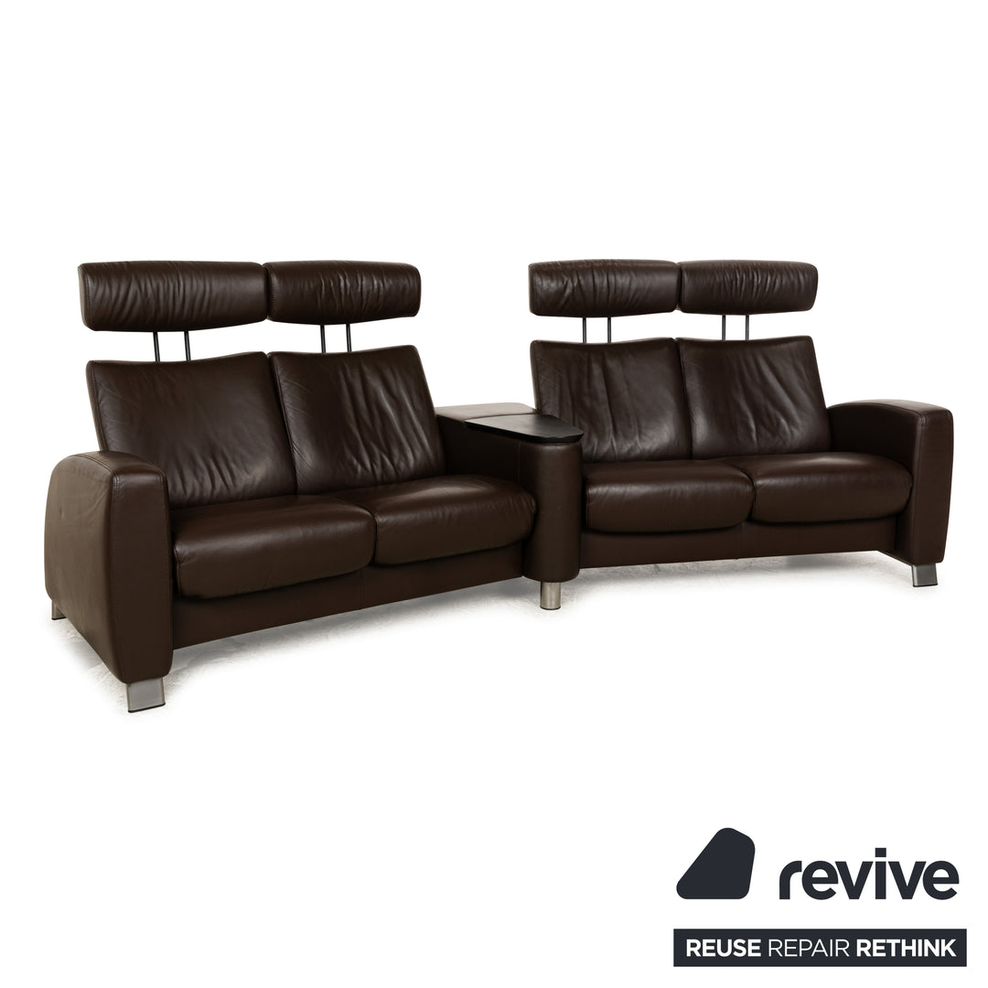 Stressless Arion Leather Sofa Set Dark Brown Manual Function Four Seater Couch Stool