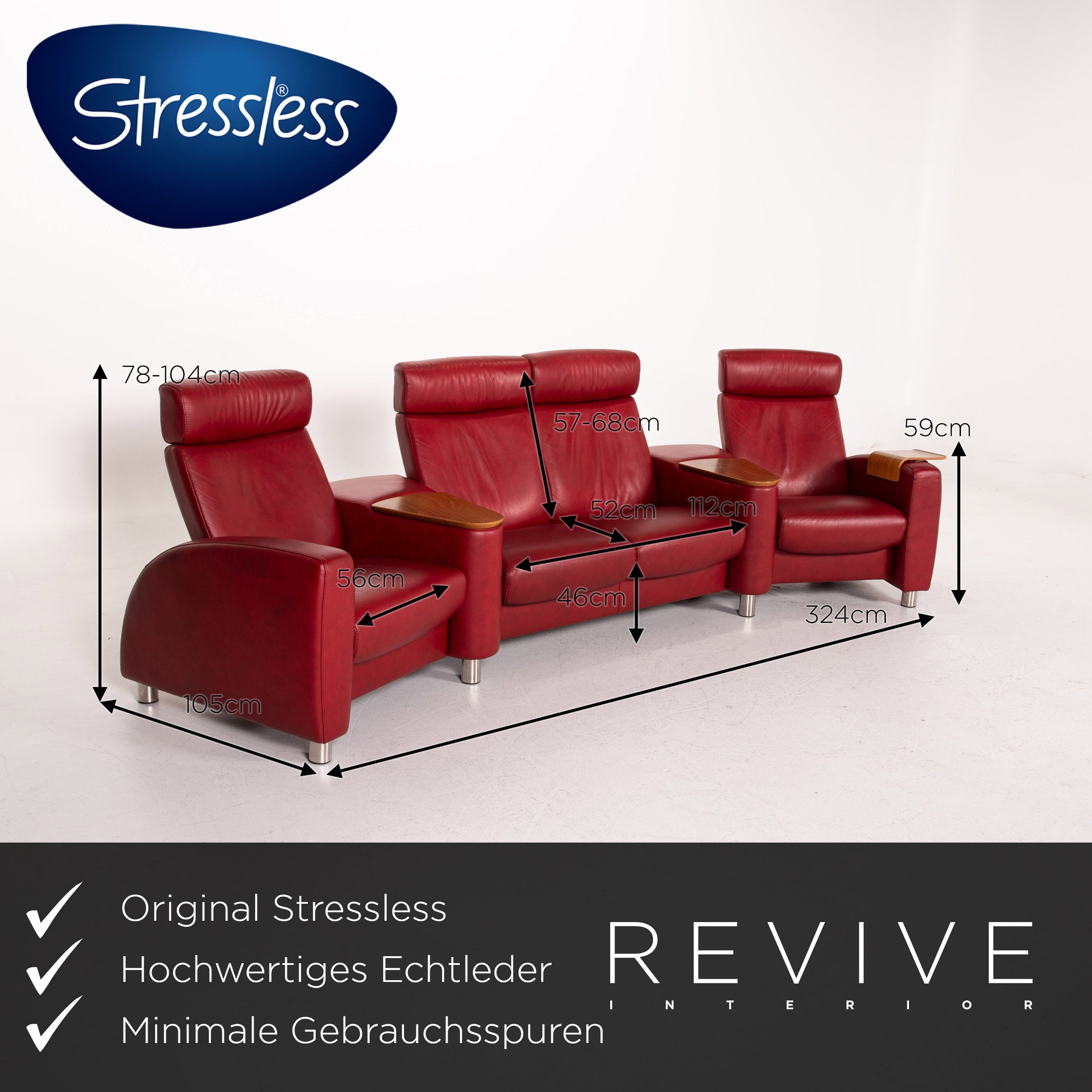 Stressless Arion Leder Sofa Rot Viersitzer Heimkino Relaxfunktion Funktion Couch #14524