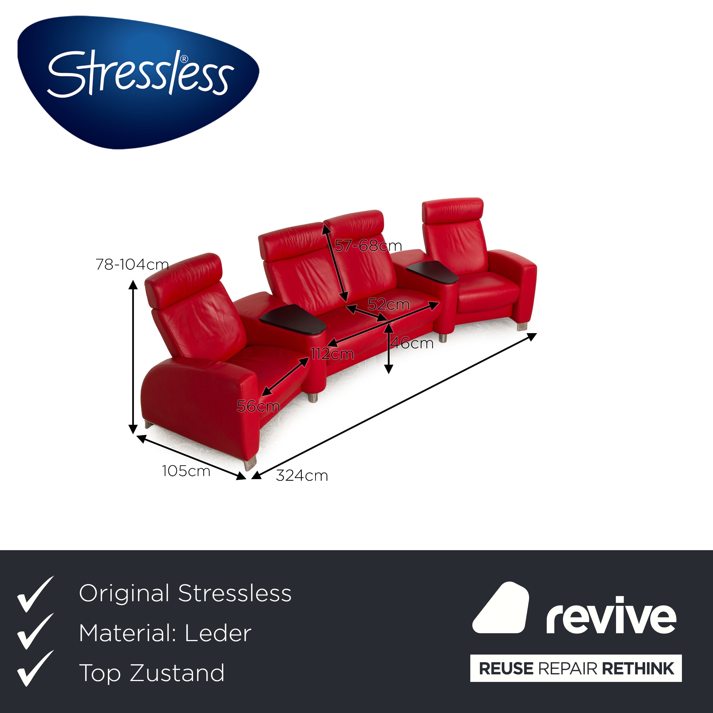 Stressless Arion Canapé en Cuir Rouge Quatre Places Home Cinéma Fonction Relax Fonction Manuelle Canapé