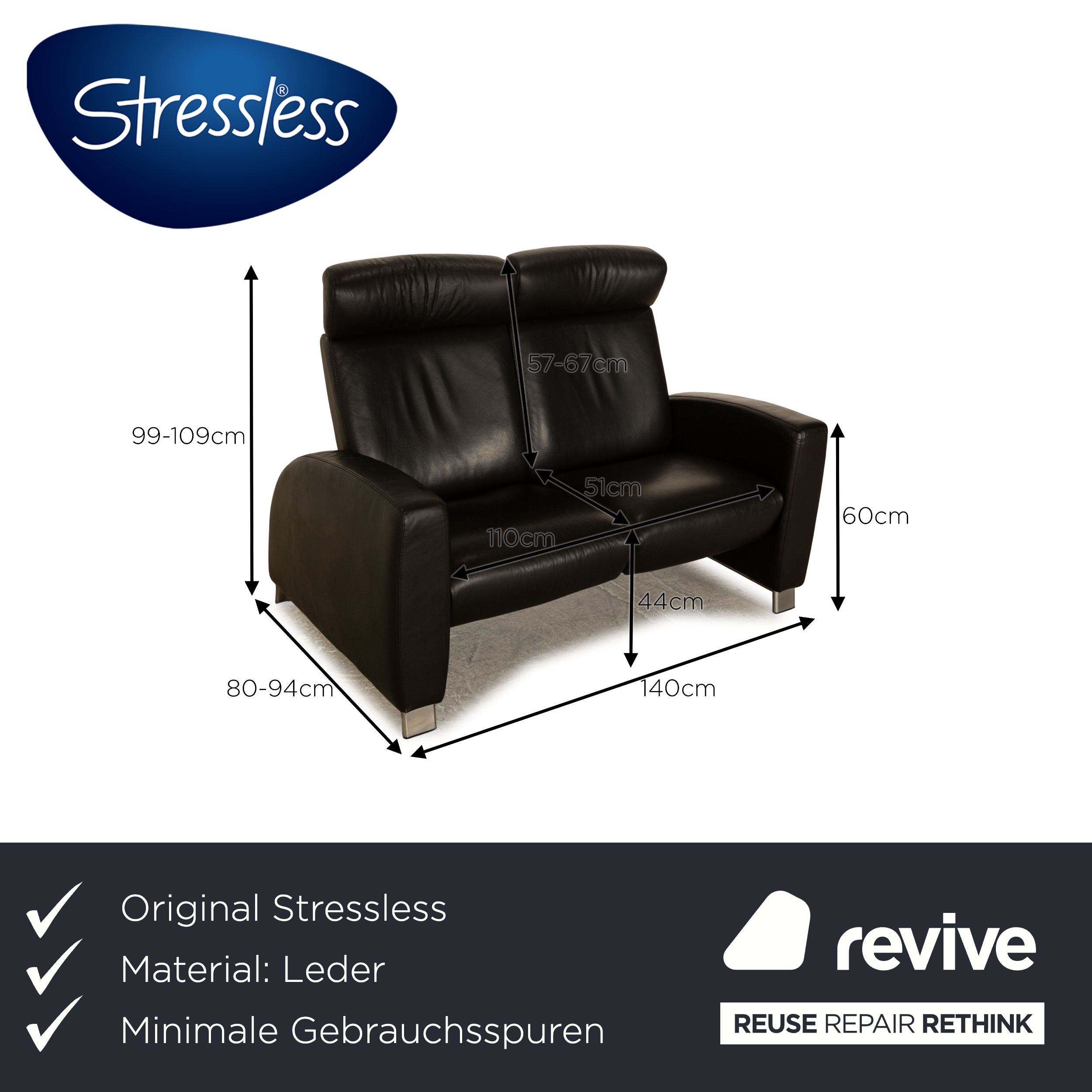 Stressless Arion Leather Sofa Black Two Seater Couch Manual Function