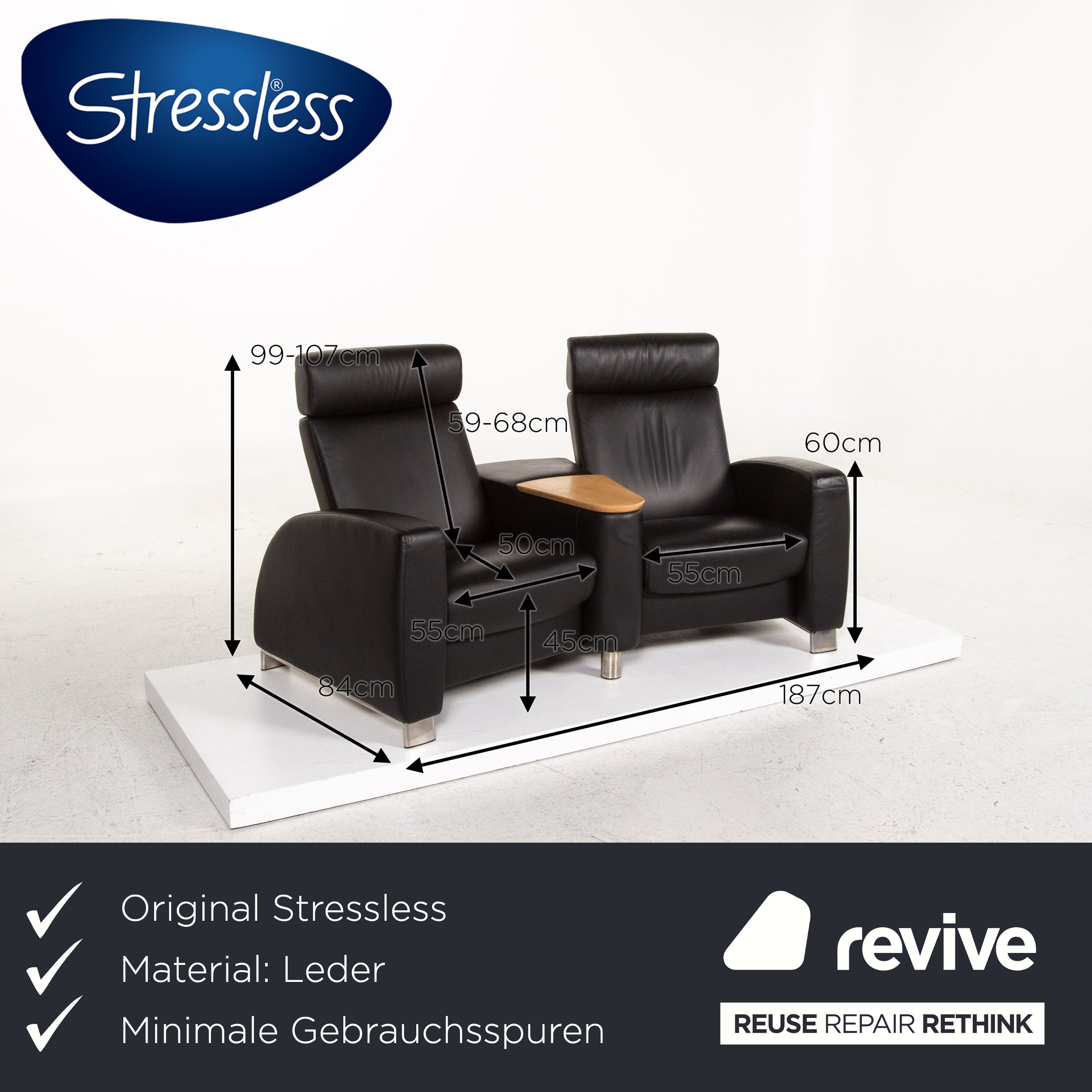 Stressless Arion Leather Sofa Black Two Seater Function Home Theater Sofa Manual Function