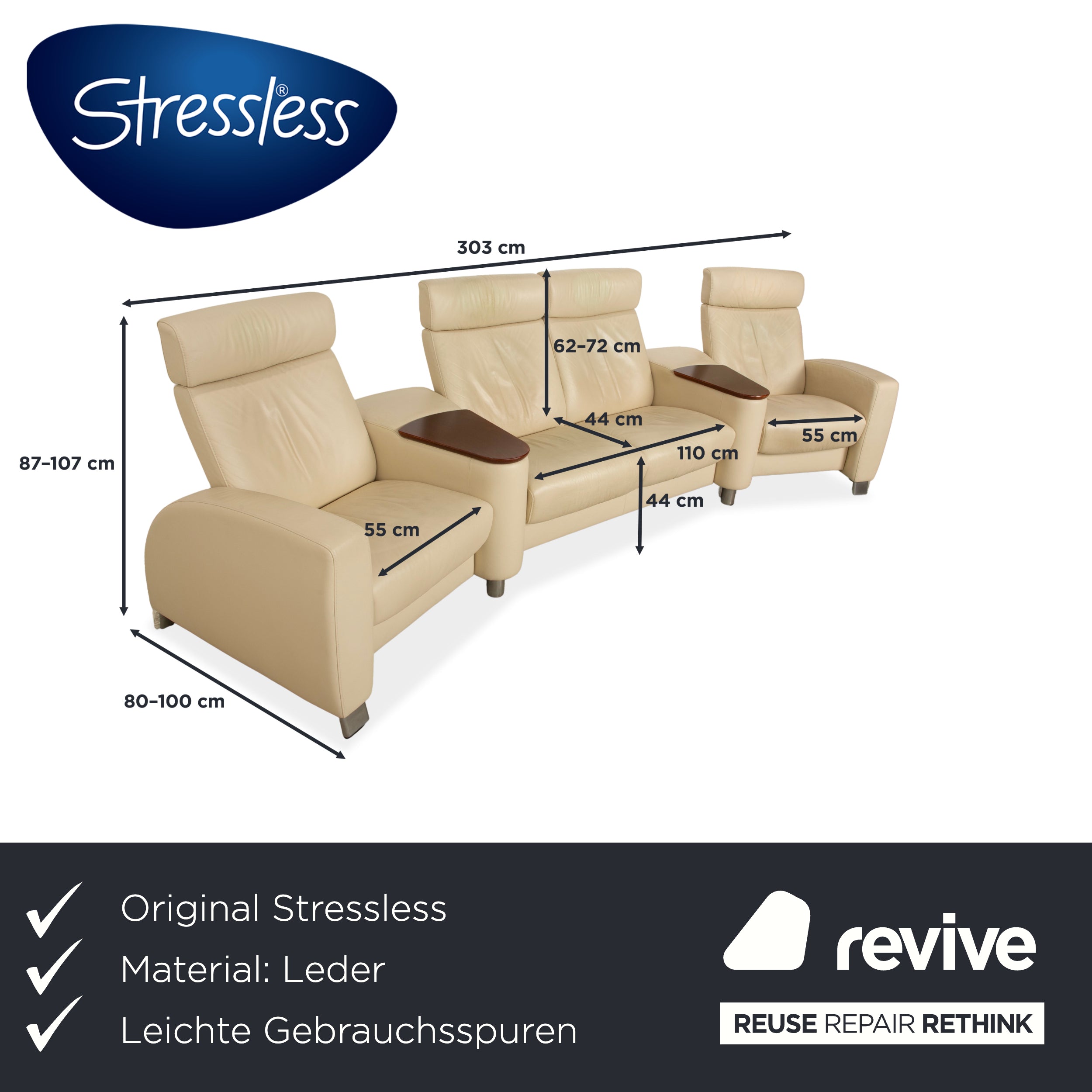 Stressless Arion Leather Four Seater Cream Manual Function Sofa Couch