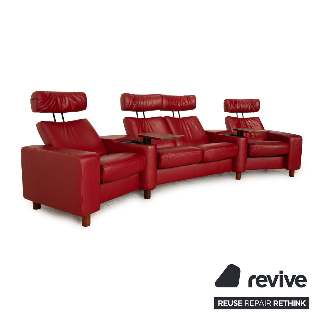 Stressless Arion Leather Four Seater Red Sofa Couch Manual Function