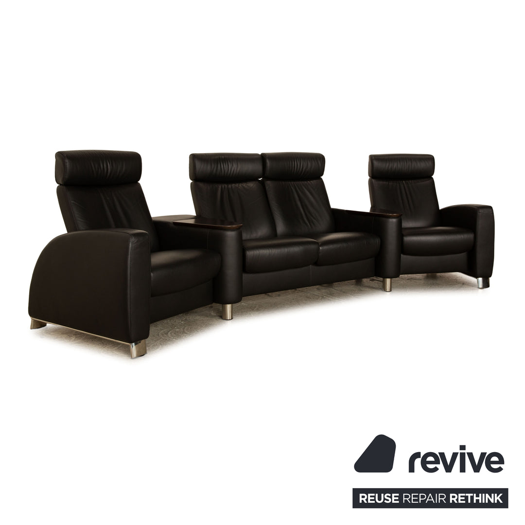 Stressless Arion Leather Four Seater Black Sofa Couch Manual Function