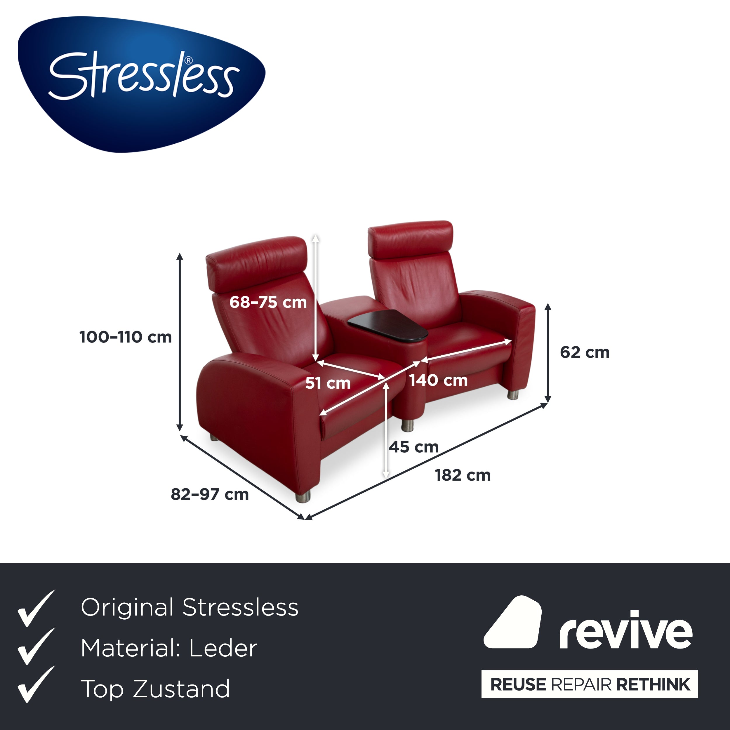 Stressless Arion læder to-personers sofa rød manuel funktion sofa