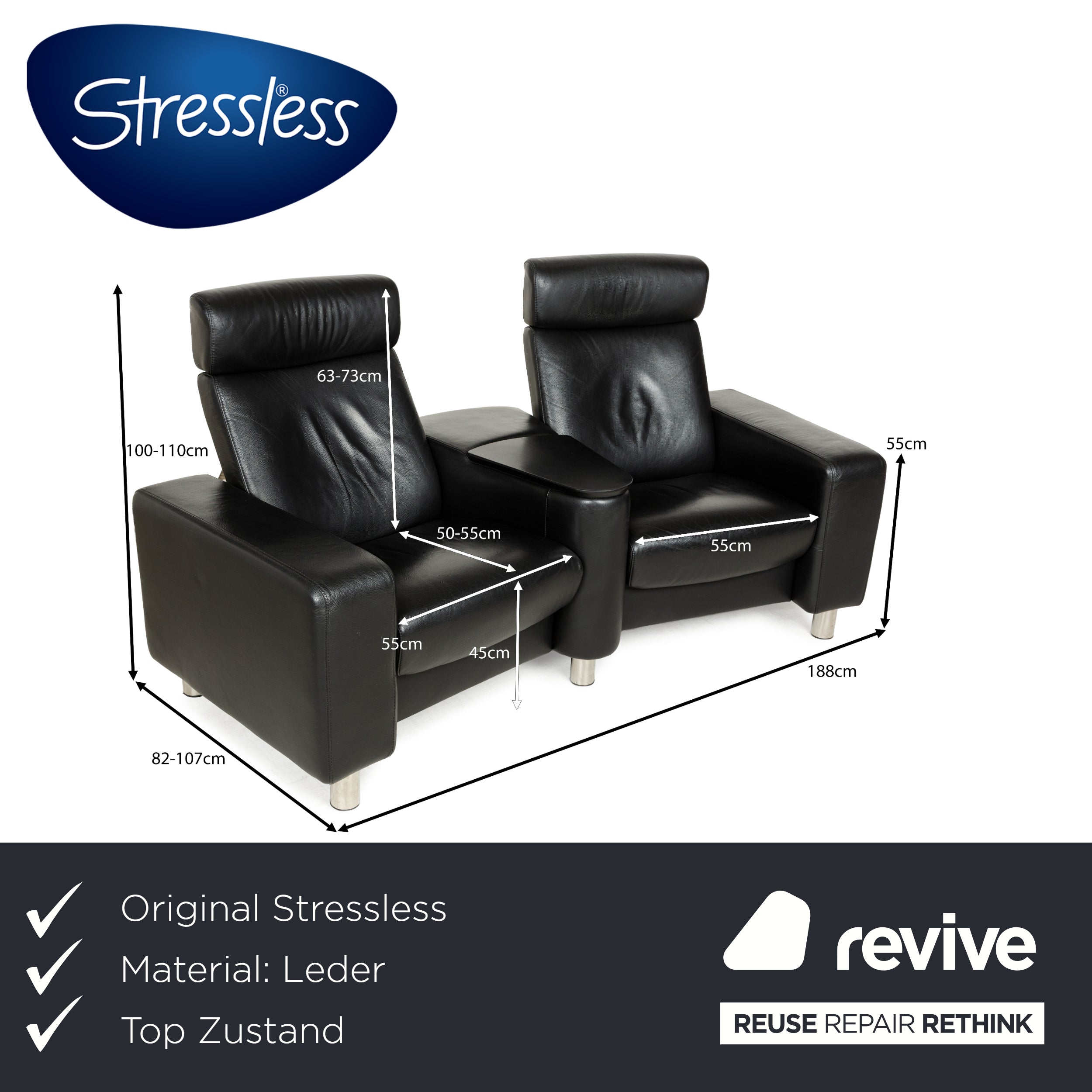 Fauteuil home cinéma Stressless Arion en cuir noir à deux places avec fonction manuelle