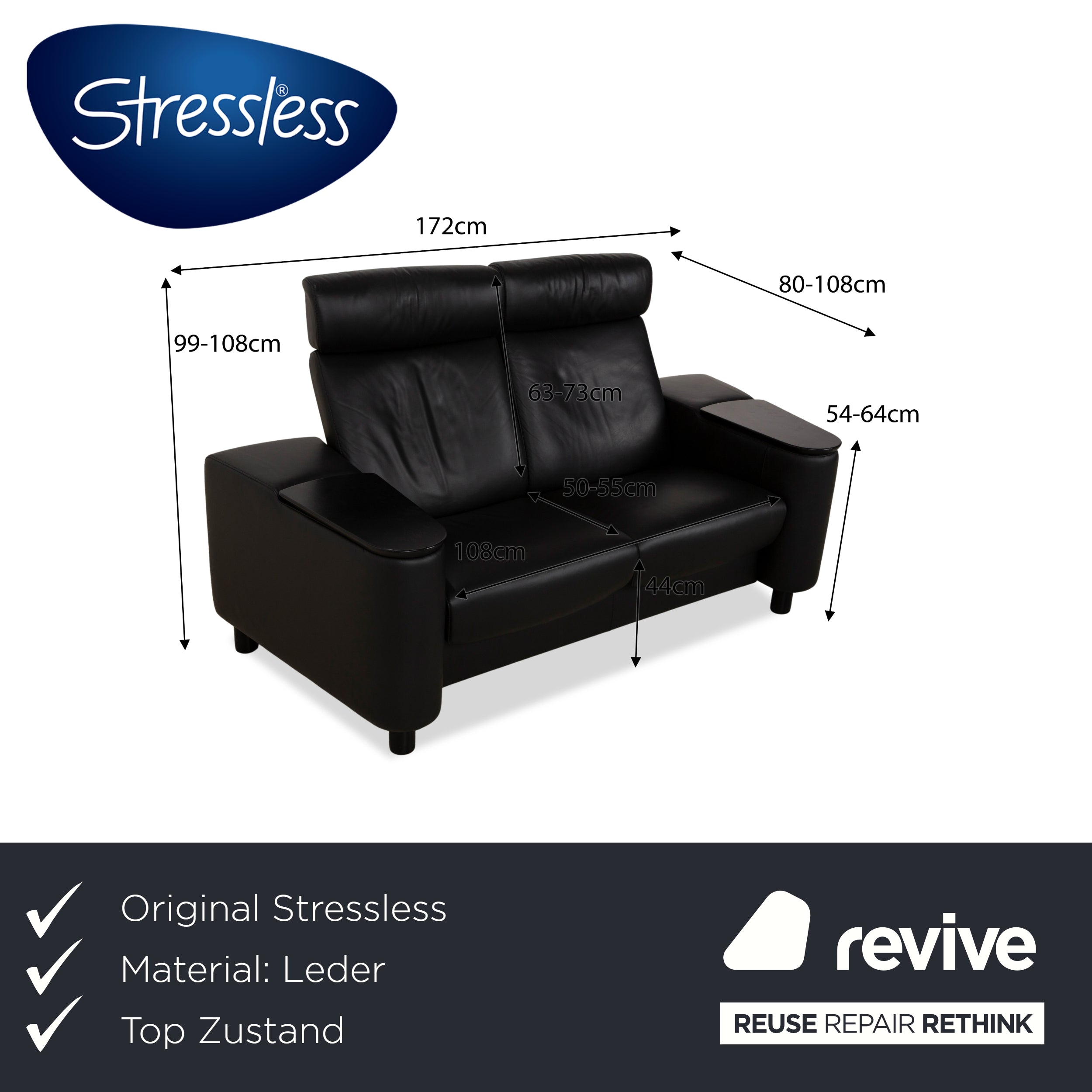 Stressless Arion Leather Two Seater Black Manual Function Sofa Couch