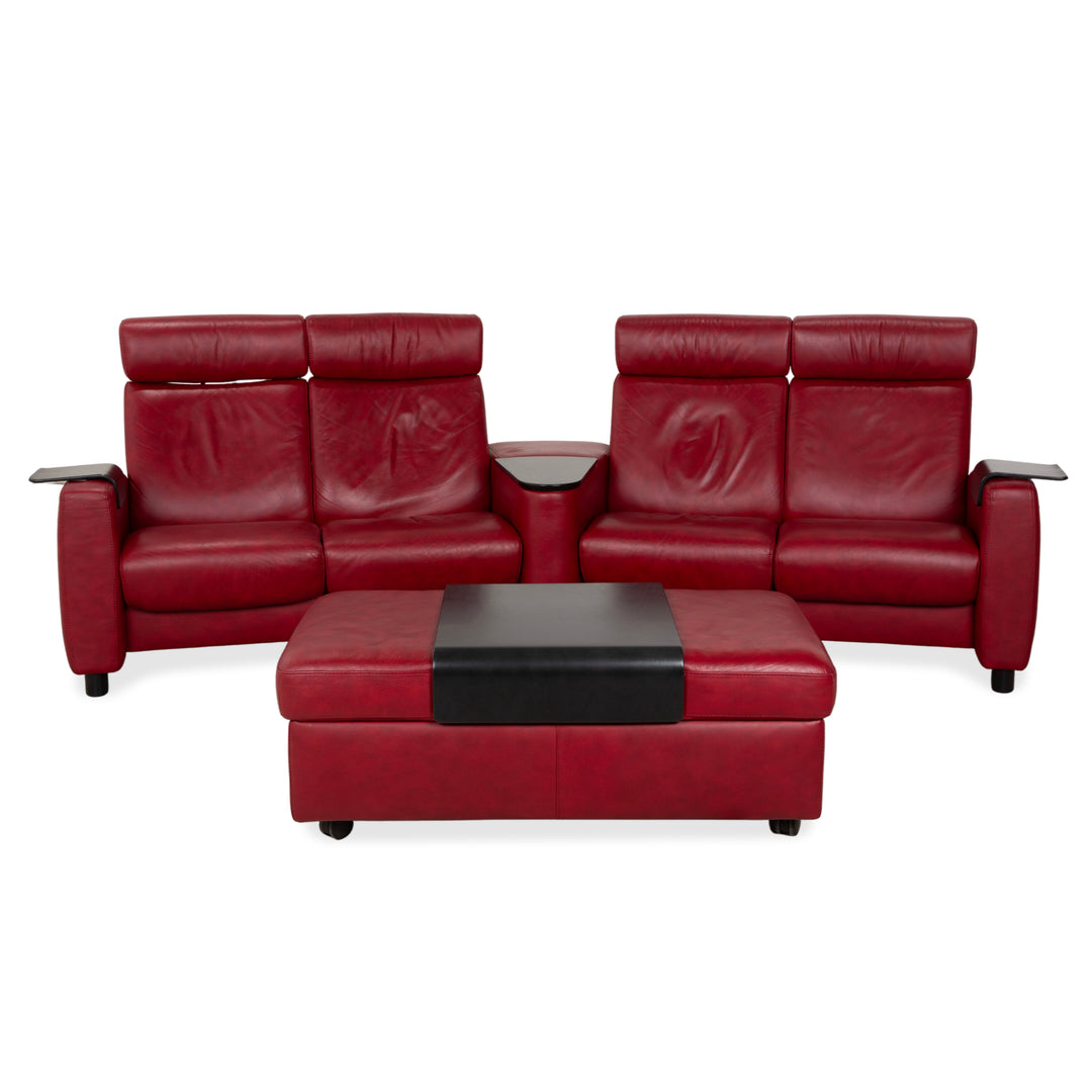 Canapé quatre places Stressless Arion, pouf, double pouf, rouge, fonction manuelle, compartiment de rangement