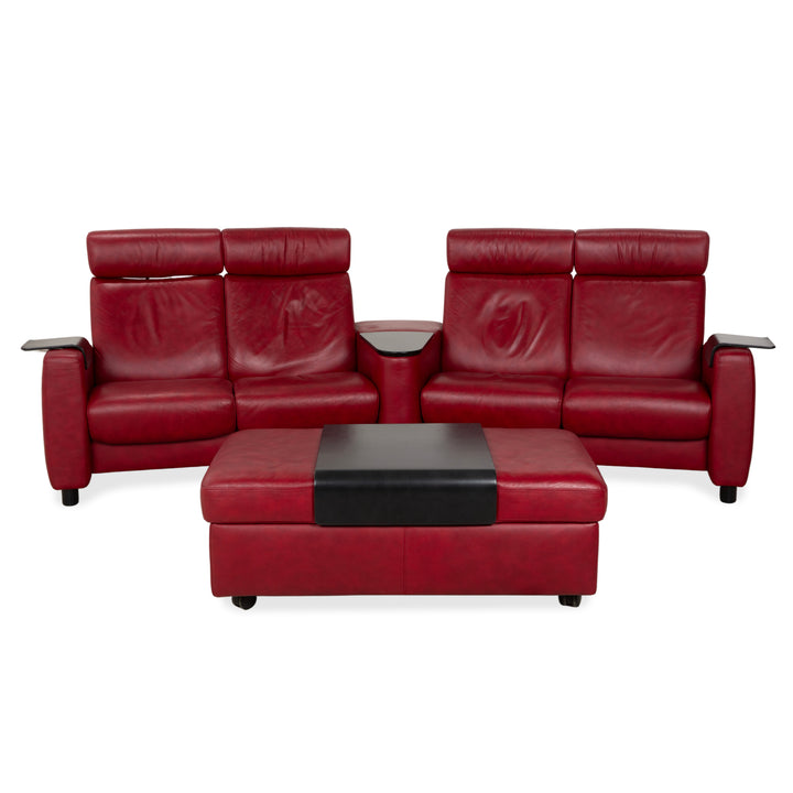 Canapé quatre places Stressless Arion, pouf, double pouf, rouge, fonction manuelle, compartiment de rangement