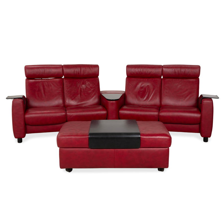 Canapé quatre places Stressless Arion, pouf, double pouf, rouge, fonction manuelle, compartiment de rangement