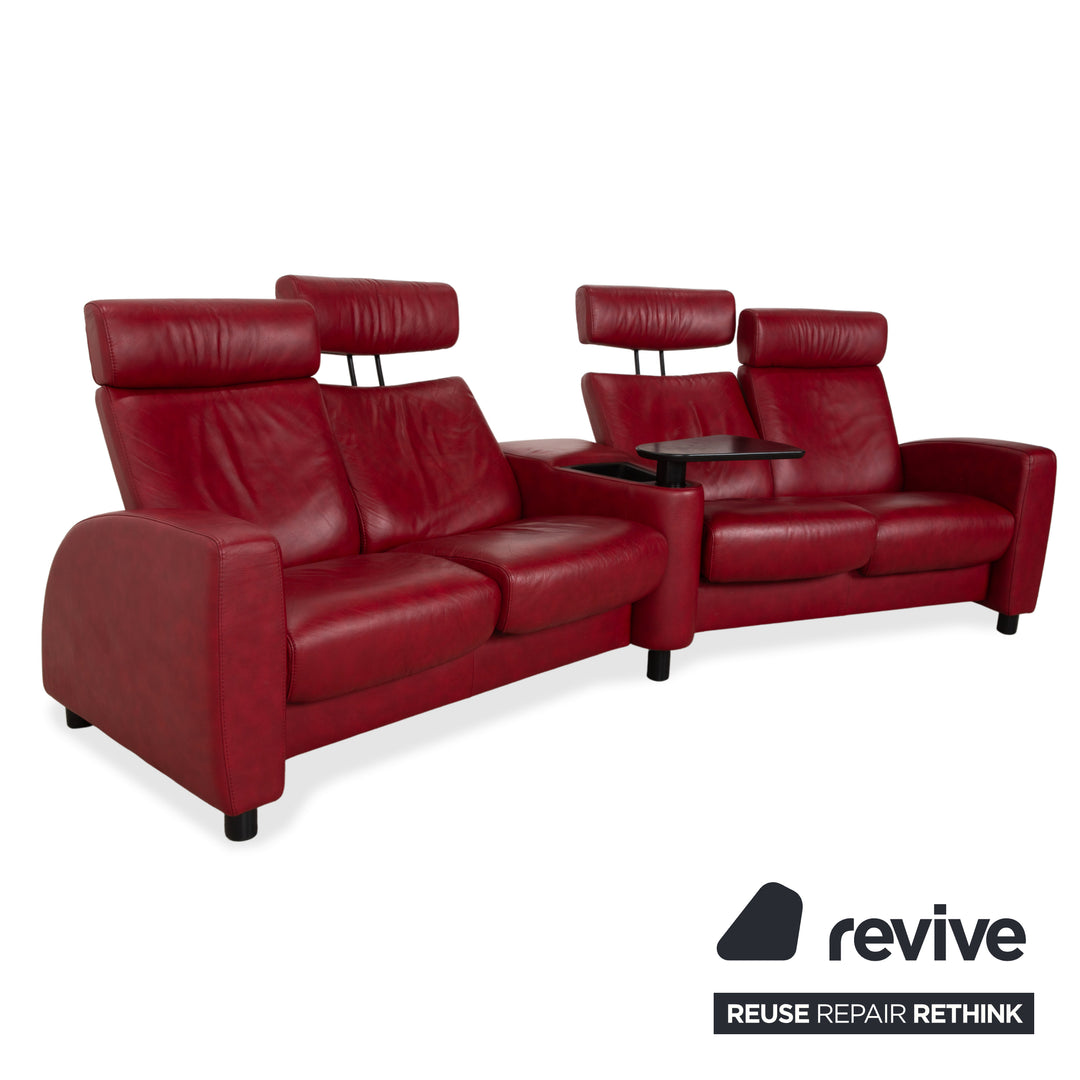 Canapé quatre places Stressless Arion, pouf, double pouf, rouge, fonction manuelle, compartiment de rangement