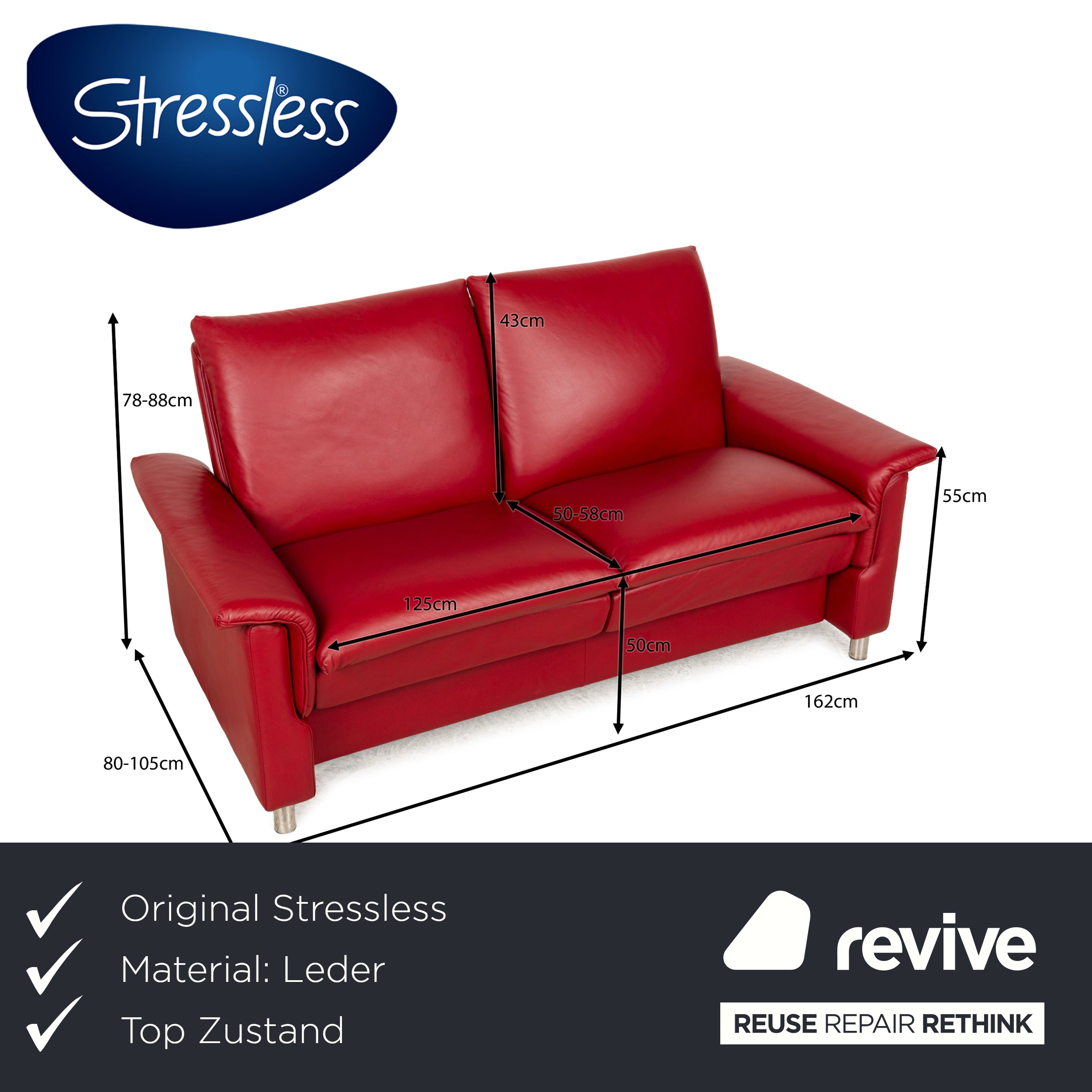 Stressless Aurora Leather Two Seater Red Manual Function Sofa Couch