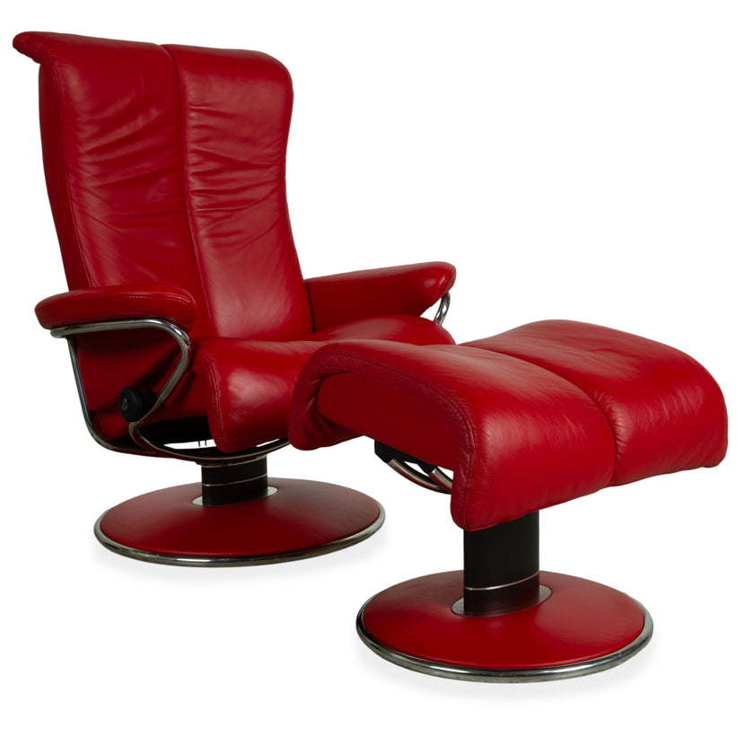 Stressless Blues Leder Sessel Rot inkl. Hocker manuelle Relaxfunktion