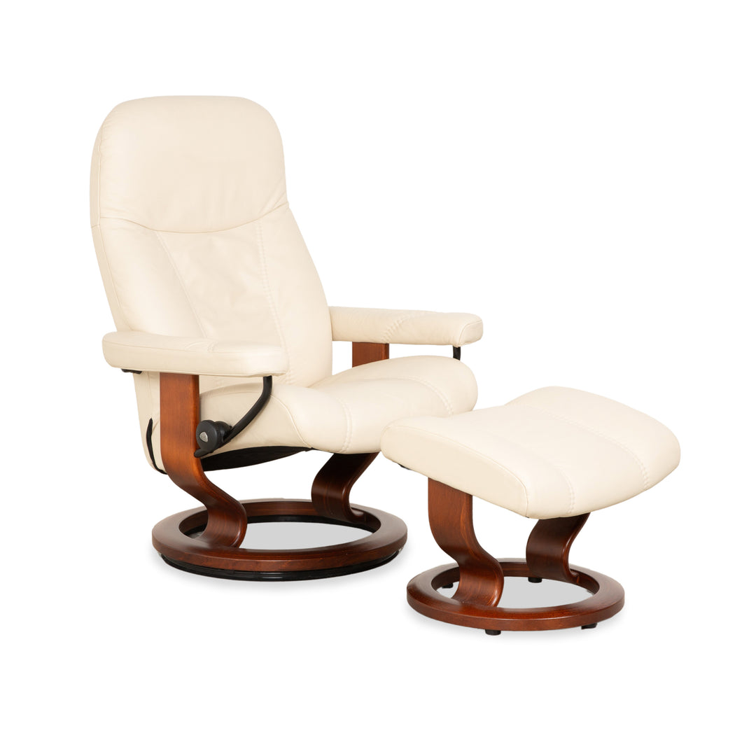 Stressless Consul Leather Wood Recliner Cream Beige Brown Manual Function incl. Footstool