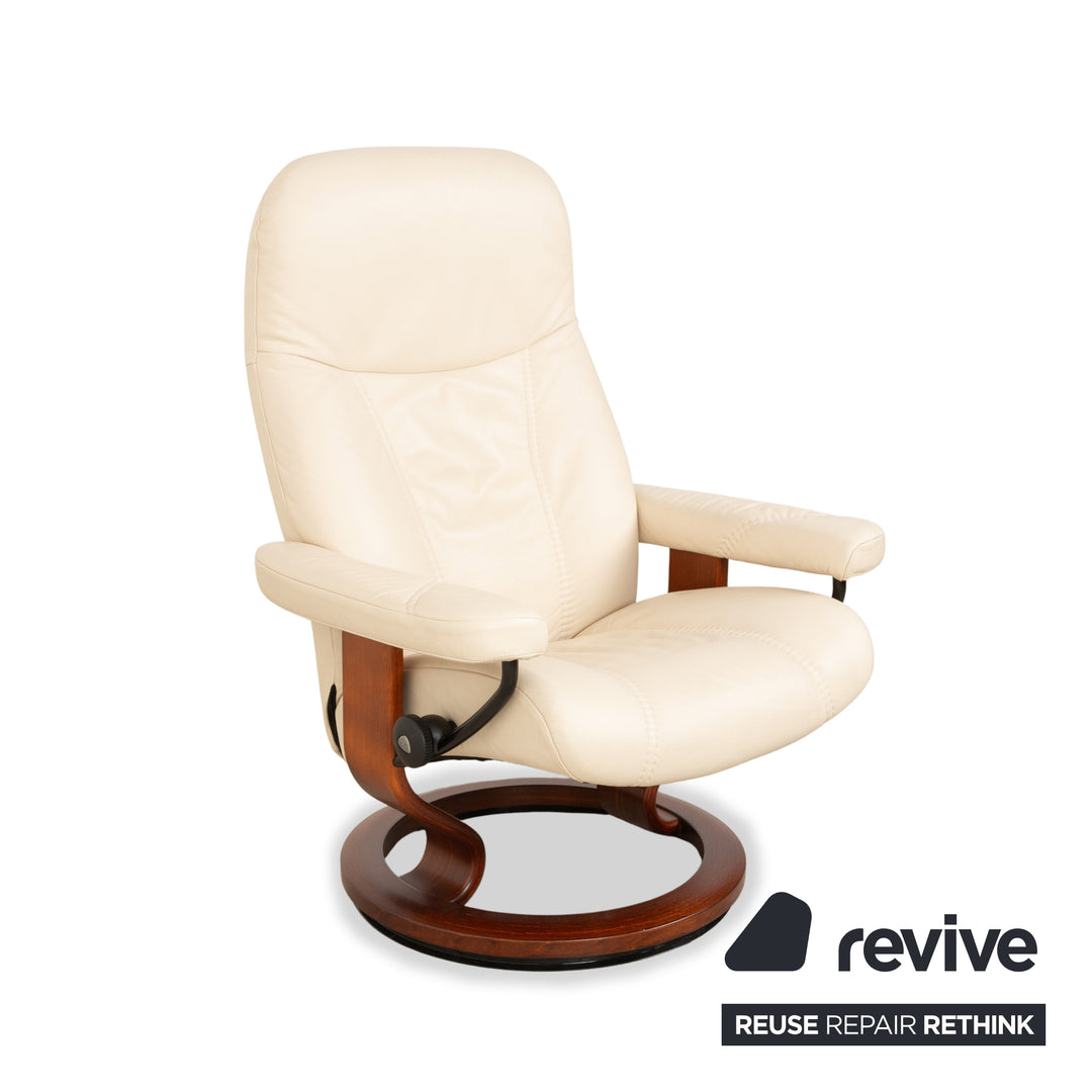 Stressless Consul Leather Wood Recliner Cream Beige Brown Manual Function incl. Footstool