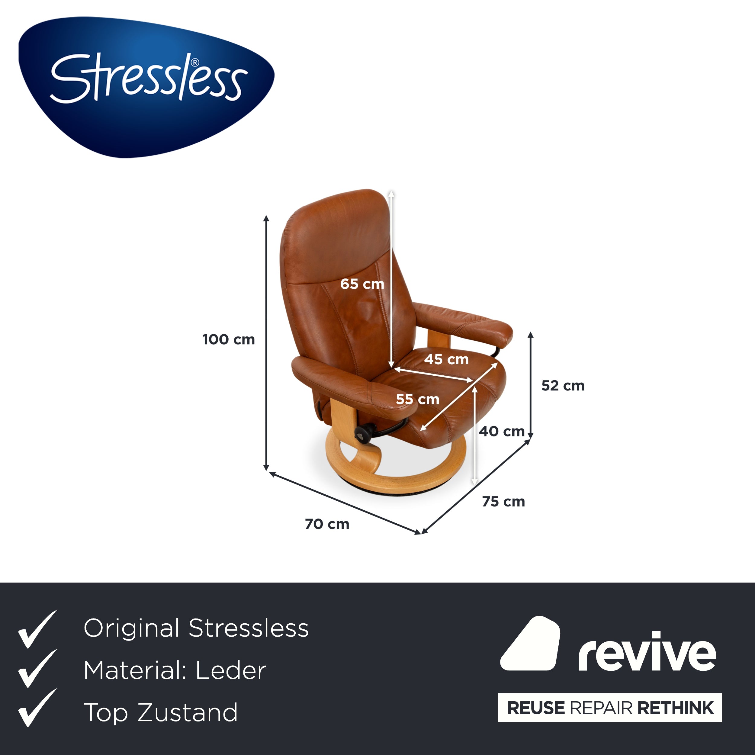 Stressless Consul Leder Sessel Braun Cognac  inkl. Hocker und manuelle Relaxfunktion
