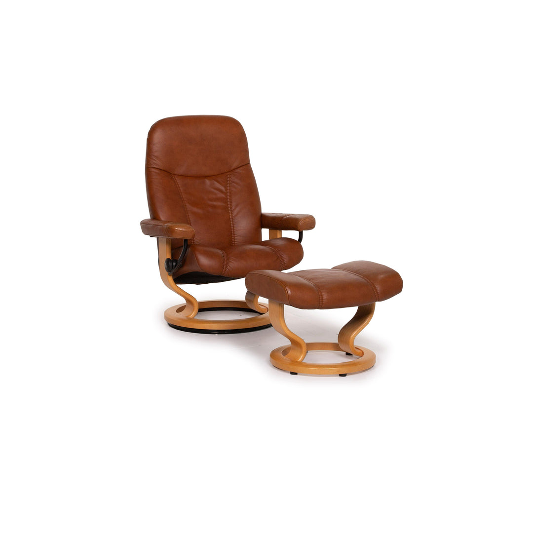 Fauteuil en cuir Stressless Consul cognac avec tabouret fonction relaxation #15279