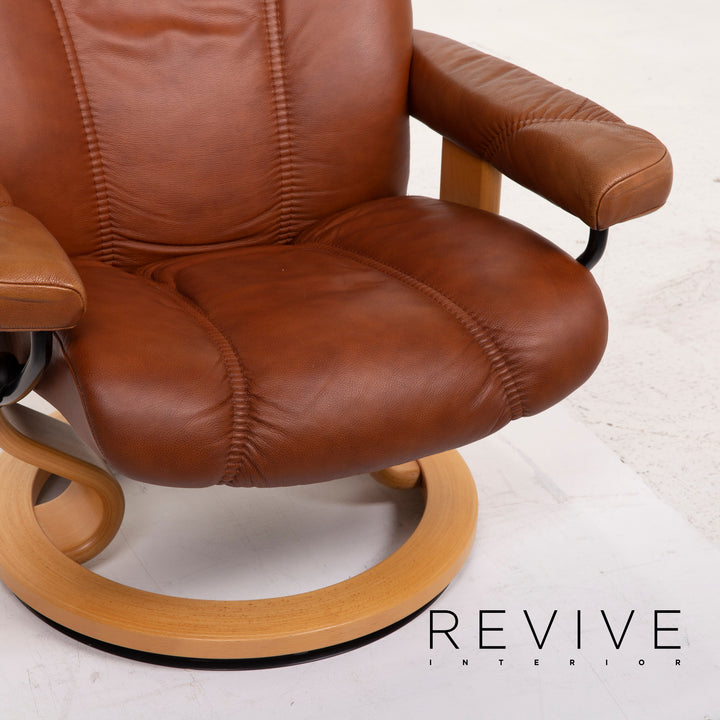 Fauteuil en cuir Stressless Consul cognac avec tabouret fonction relaxation #15279