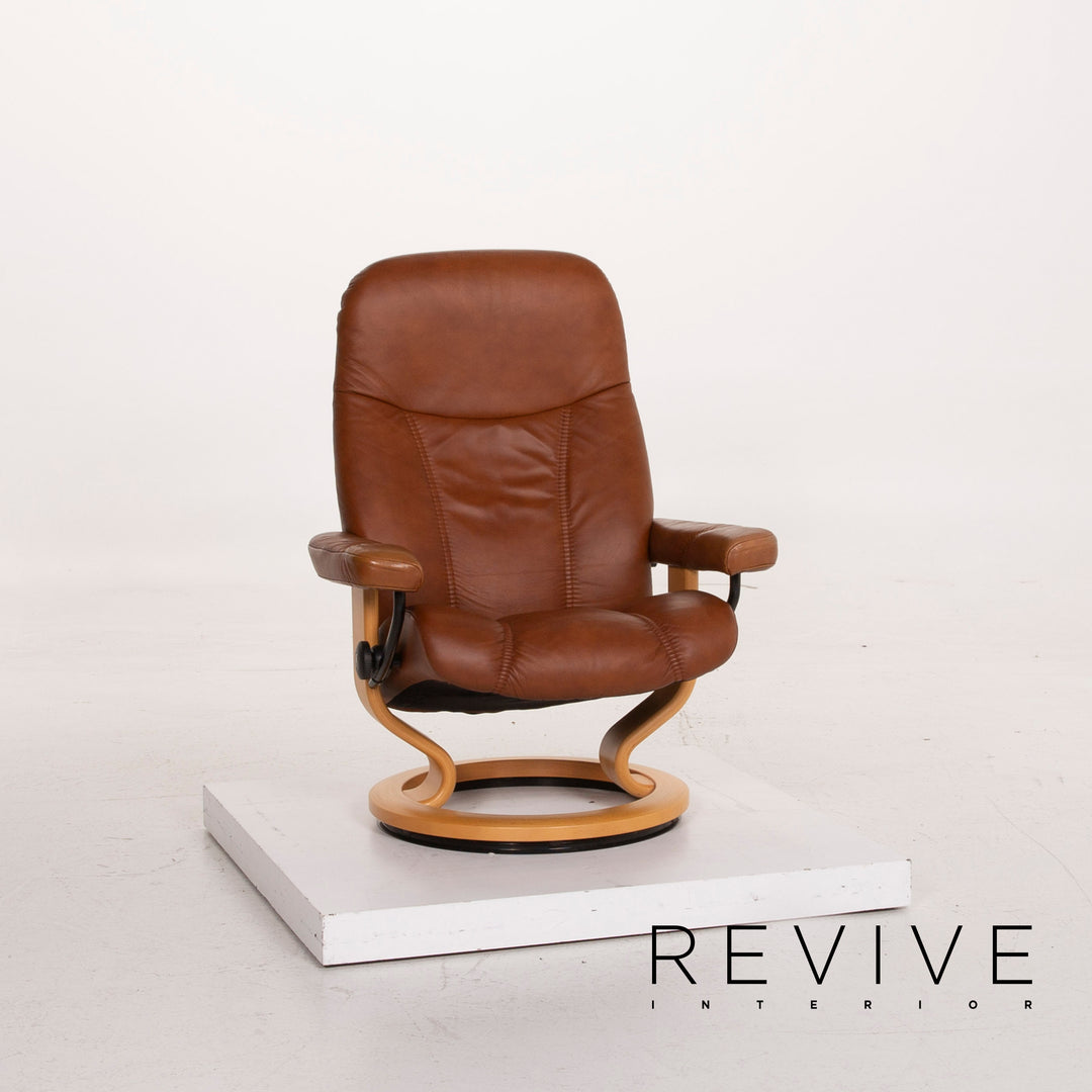 Fauteuil en cuir Stressless Consul cognac avec tabouret fonction relaxation #15279