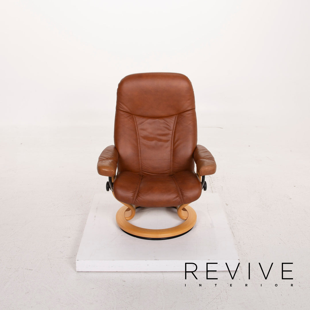 Fauteuil en cuir Stressless Consul cognac avec tabouret fonction relaxation #15279