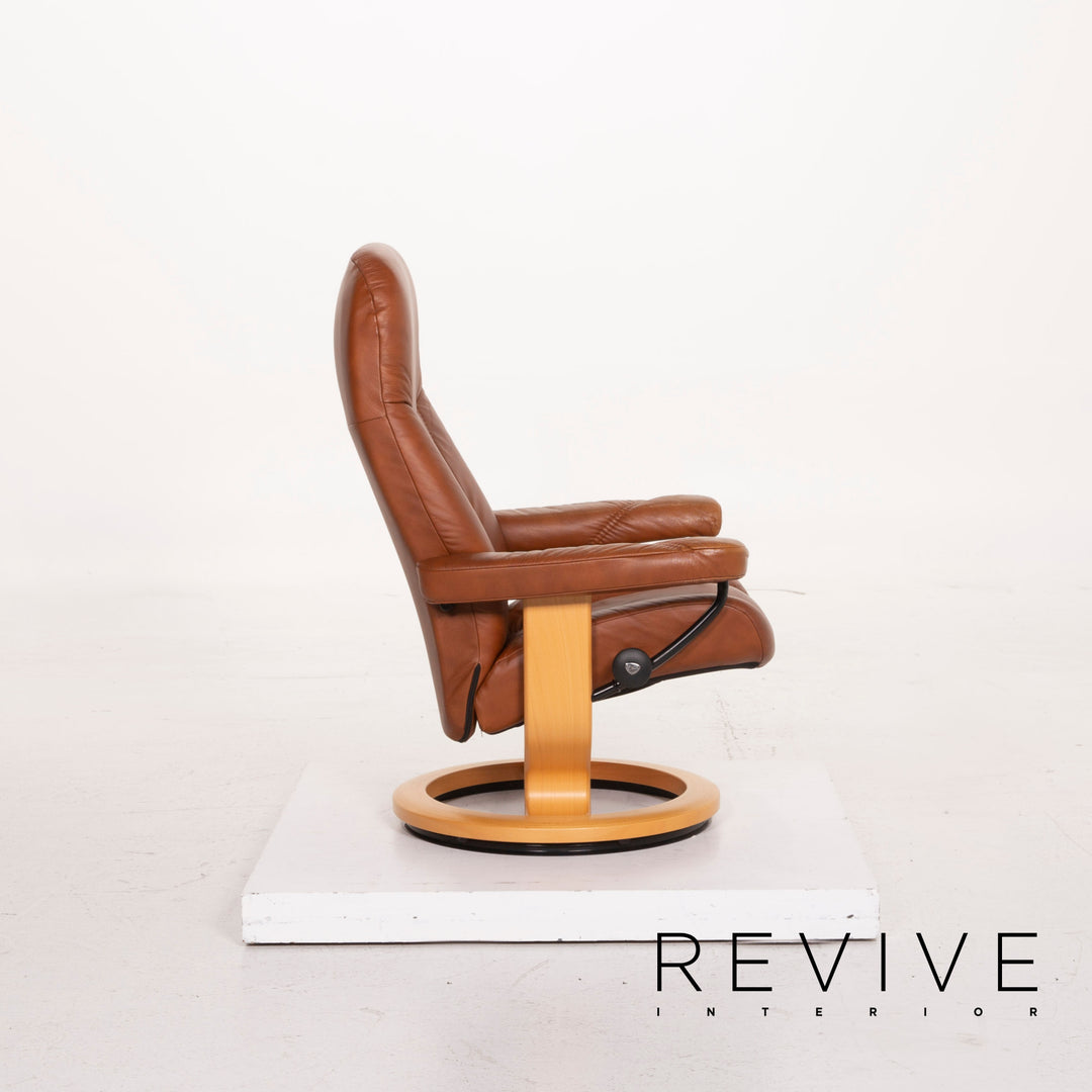 Fauteuil en cuir Stressless Consul cognac avec tabouret fonction relaxation #15279