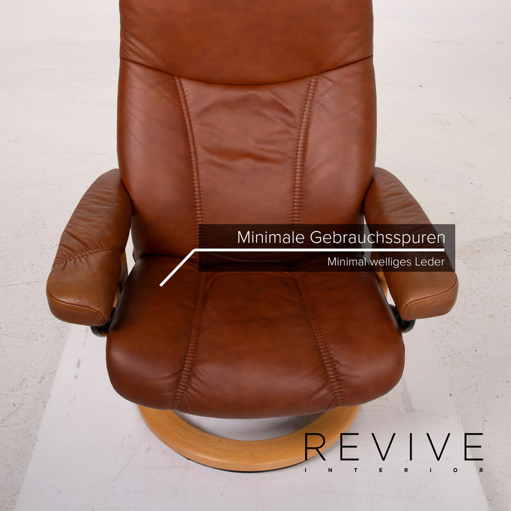 Fauteuil en cuir Stressless Consul cognac avec tabouret fonction relaxation #15279