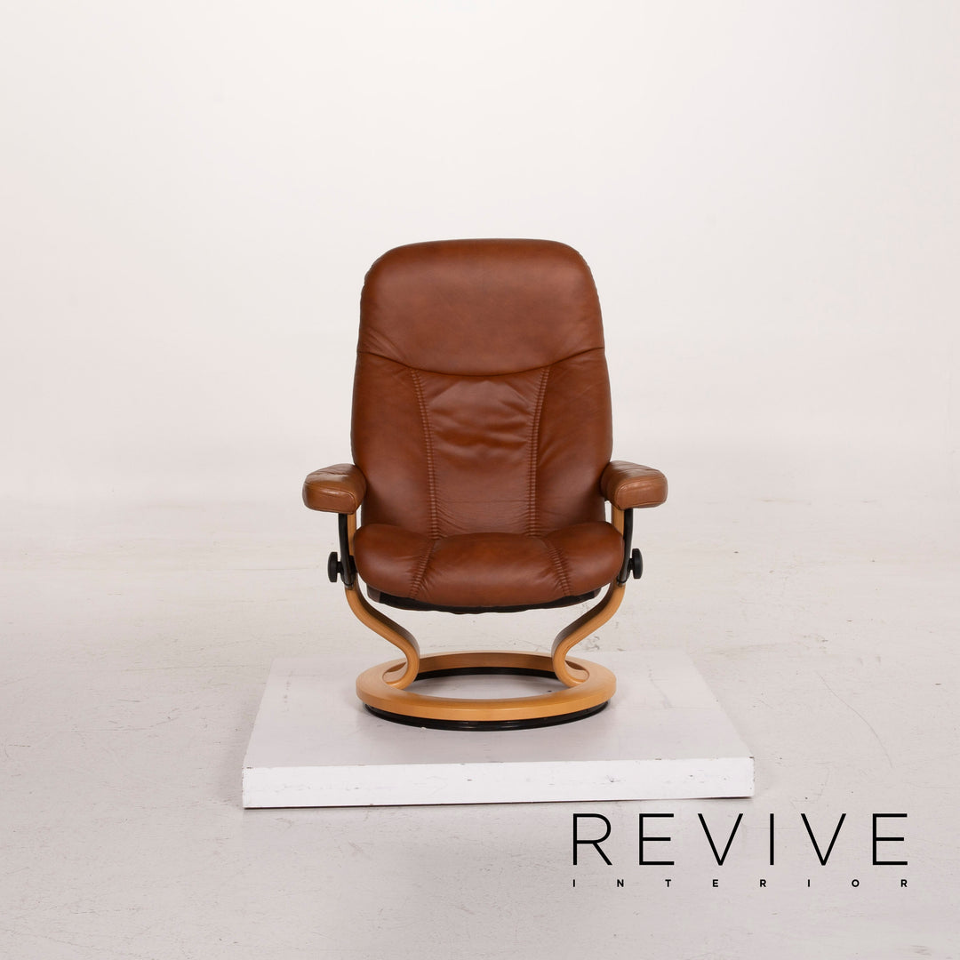 Fauteuil en cuir Stressless Consul cognac avec tabouret fonction relaxation #15279