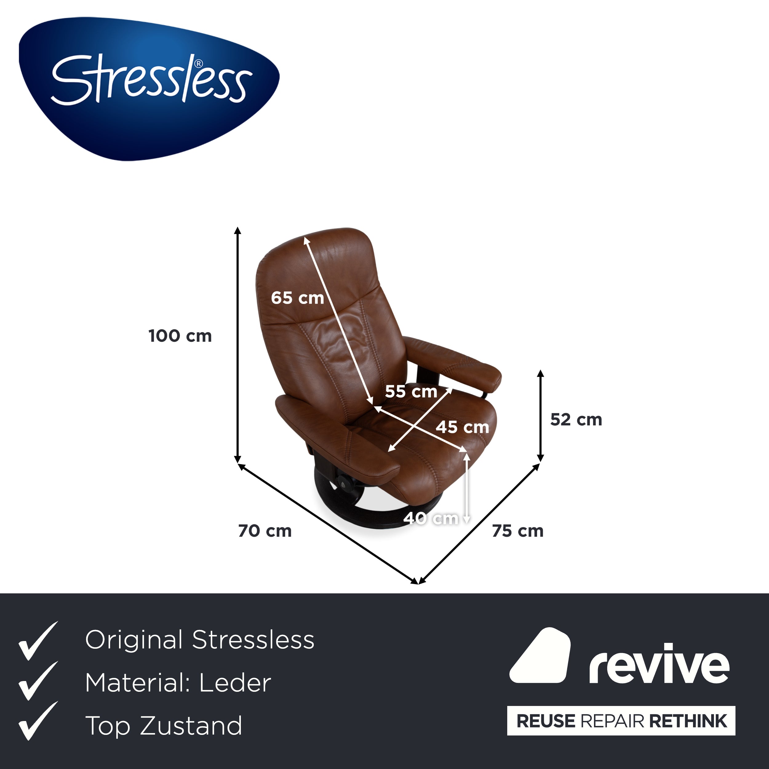 Stressless Consul Leather Armchair Cognac incl. Ottoman Recliner Function
