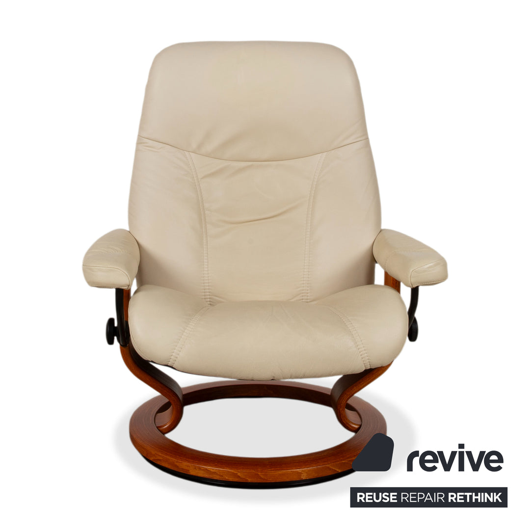 Fauteuil Stressless Consul en cuir crème beige avec pouf fonction manuelle relaxation