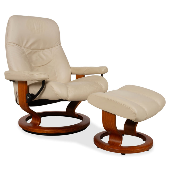 Fauteuil Stressless Consul en cuir crème beige avec pouf fonction manuelle relaxation
