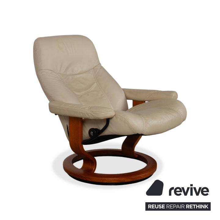 Fauteuil Stressless Consul en cuir crème beige avec pouf fonction manuelle relaxation